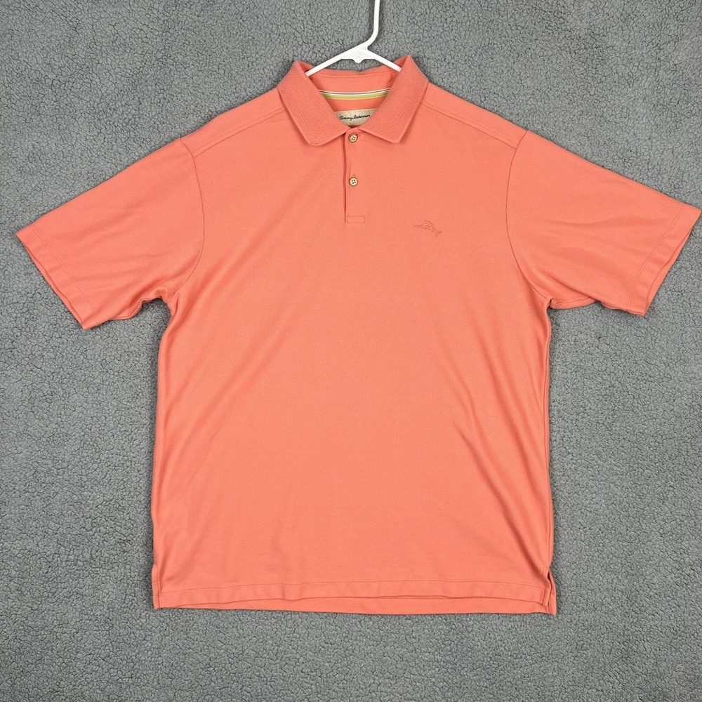 Tommy Bahama Polo Shirt‎ Mens L Salmon Coral Pink Supima Cotton Poly Blend Knit